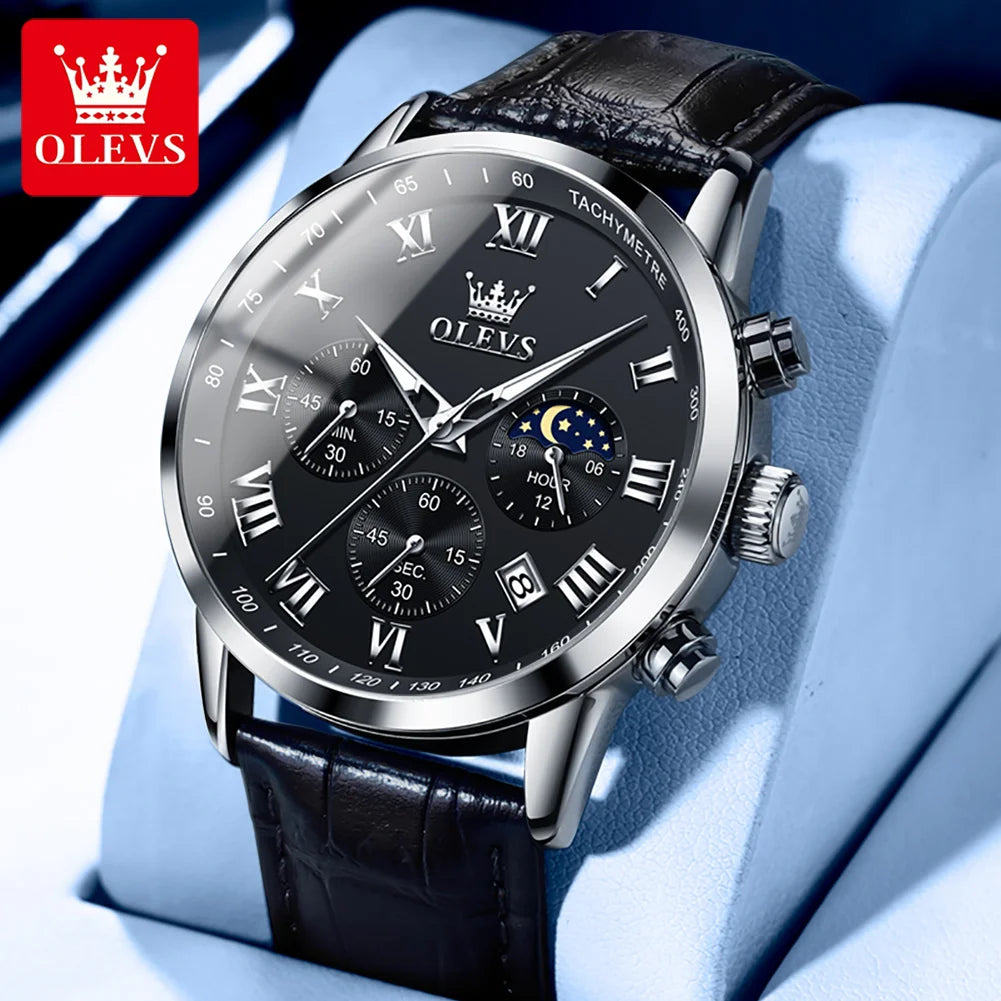 OLEVS-reloj de cuarzo deportivo para hombre, cronógrafo de lujo, resistente al agua, con correa de cuero, fase lunar, Masculino