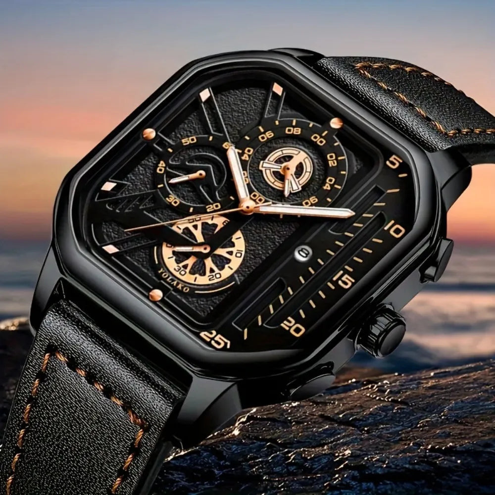 Reloj cuadrado de lujo con esfera grande para hombre, correa de cuero PU informal, relojes deportivos para hombre