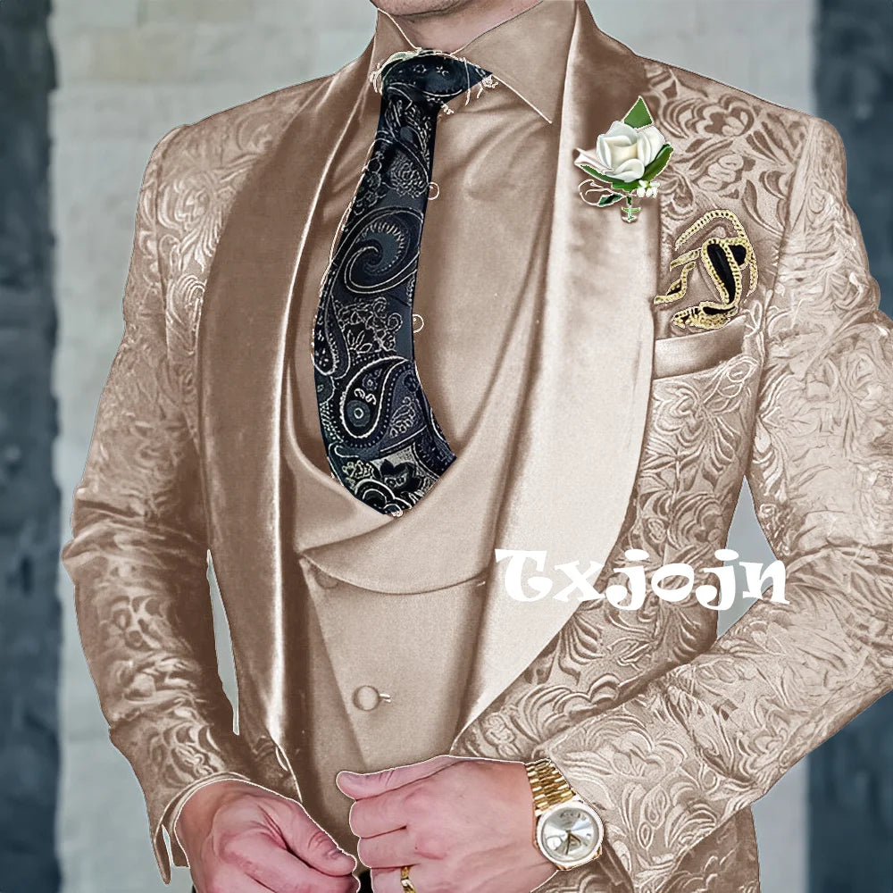 Exquisitos trajes de jacquard de 3 piezas para hombre, conjuntos de novio de boda, bonito conjunto de traje con solapa y chal, ropa de baile, esmoquin Formal para negocios