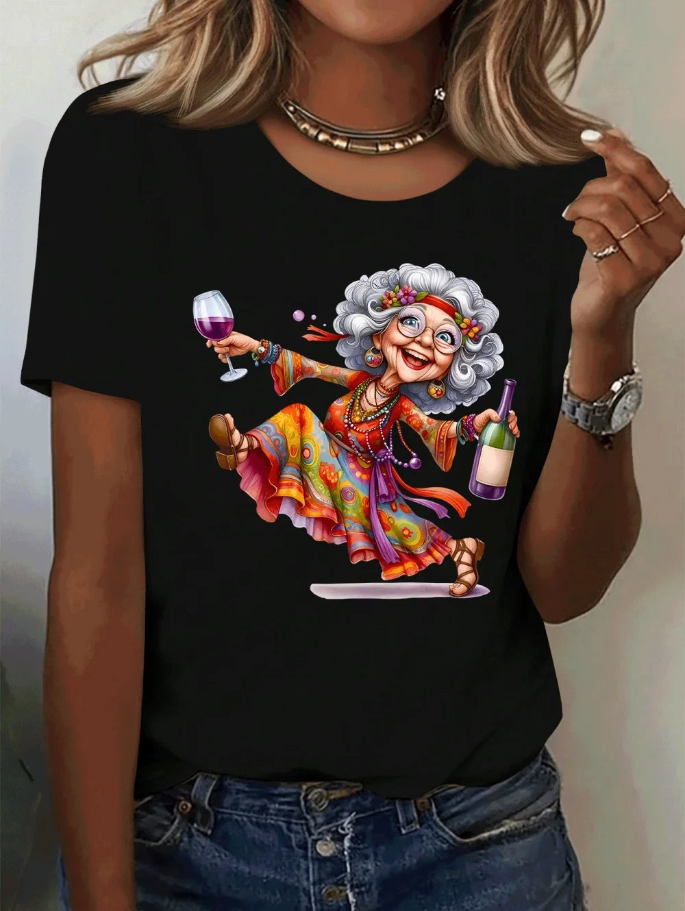 Women's Granny Graphic Print Elegant T-Shirt, Casual Summer Short Sleeve Tee, Funny Cute Crewneck T Shirts, Casual Clothes for Women