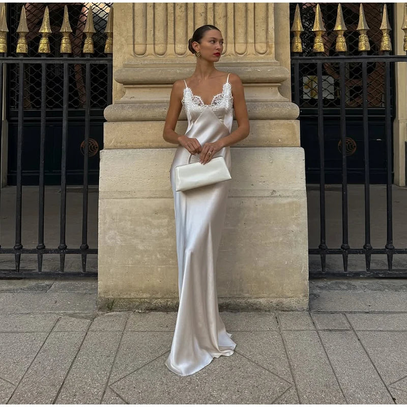 Vestido largo elegante de encaje con retazos para mujer, vestido Sexy con cuello en V sin mangas y espalda descubierta de satén, vestido largo ajustado, vestidos de fiesta de noche para mujer 2025