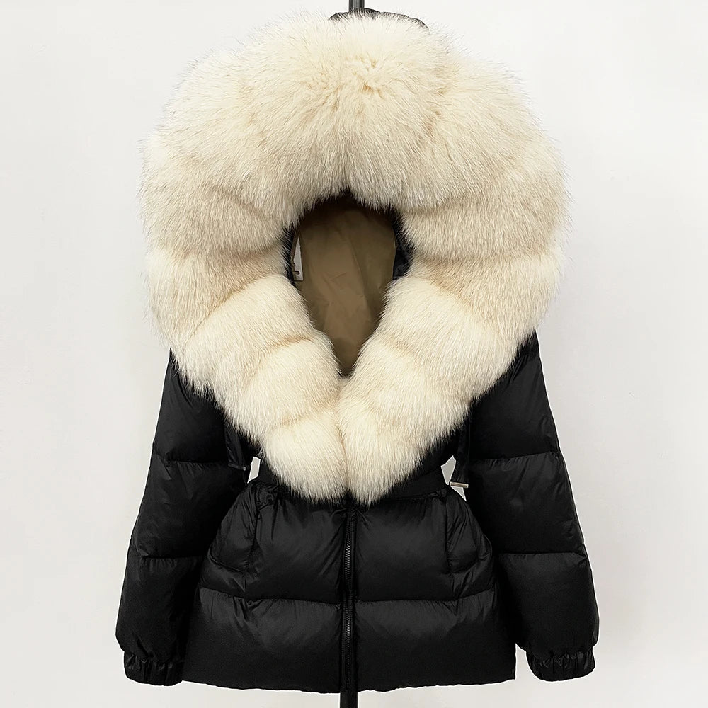 OFTBUY 2025 nueva ropa de invierno para mujer, abrigo de plumón de pato blanco, chaqueta con capucha de piel de zorro Natural, chaqueta acolchada cálida a la moda para mujer