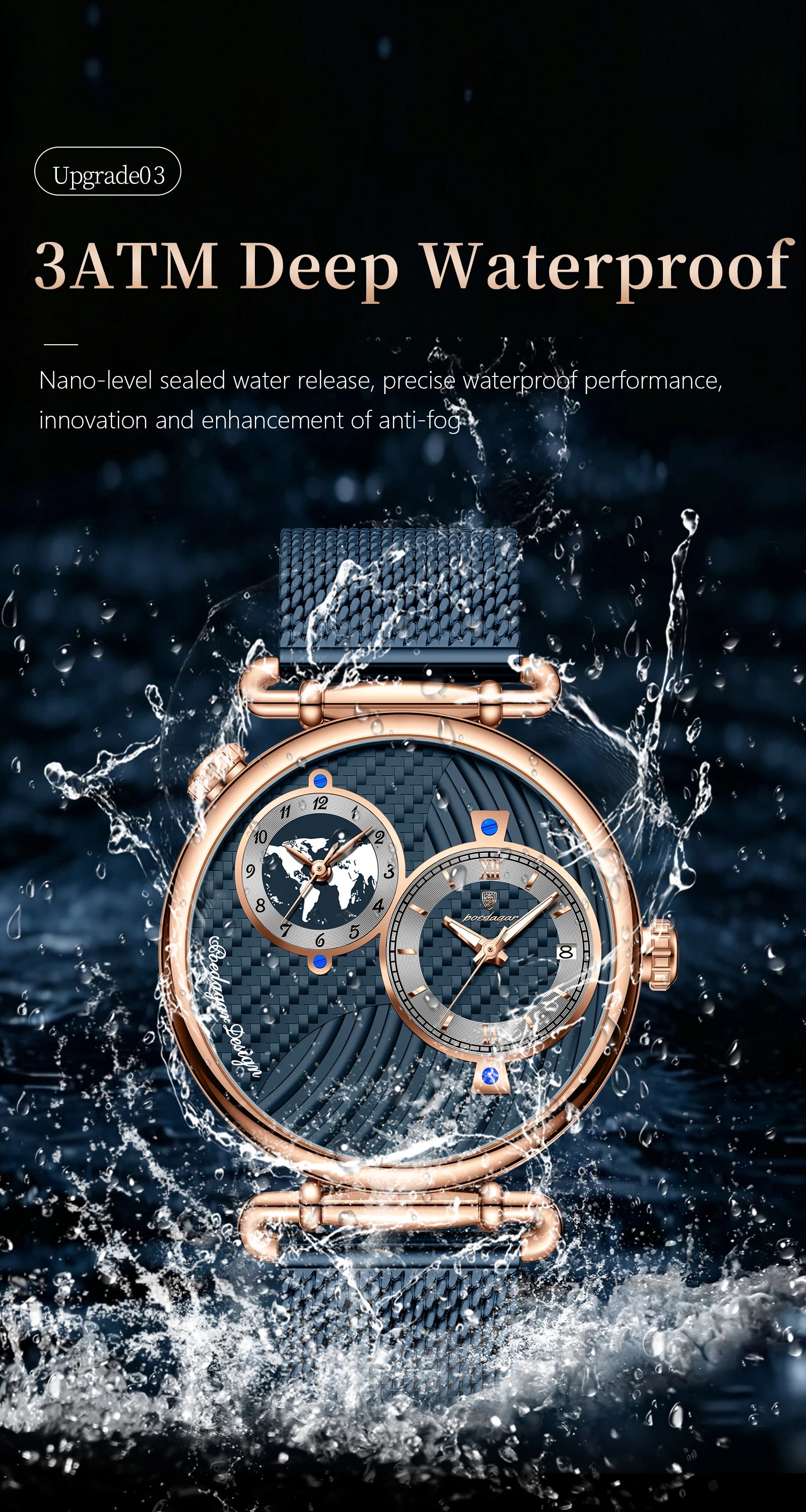 Reloj de hombre POEDAGAR de moda con doble zona horaria, resistente al agua, con fecha, deportivo, de malla de acero inoxidable, de cuarzo + caja.