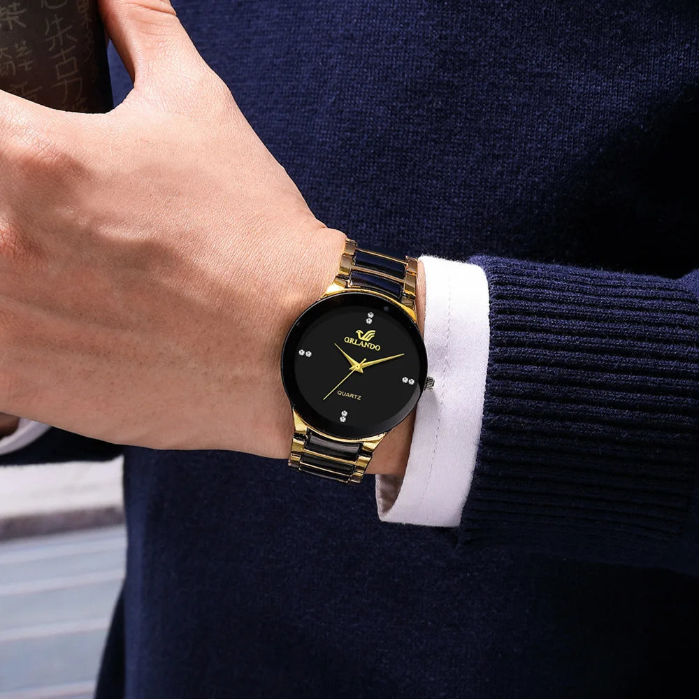 ORLANDO, relojes de lujo para hombre, recién llegado, reloj de pulsera de acero de cuarzo dorado y negro, reloj exquisito Masculino, reloj de moda
