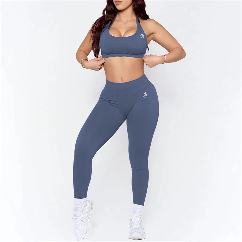 Bum-Conjuntos de Yoga para mujer, mallas moldeadoras con fruncido en la parte de atrás y Sujetador deportivo de impacto, trajes sin costuras, conjunto de sujetador Halter Sexy para gimnasio, 2025