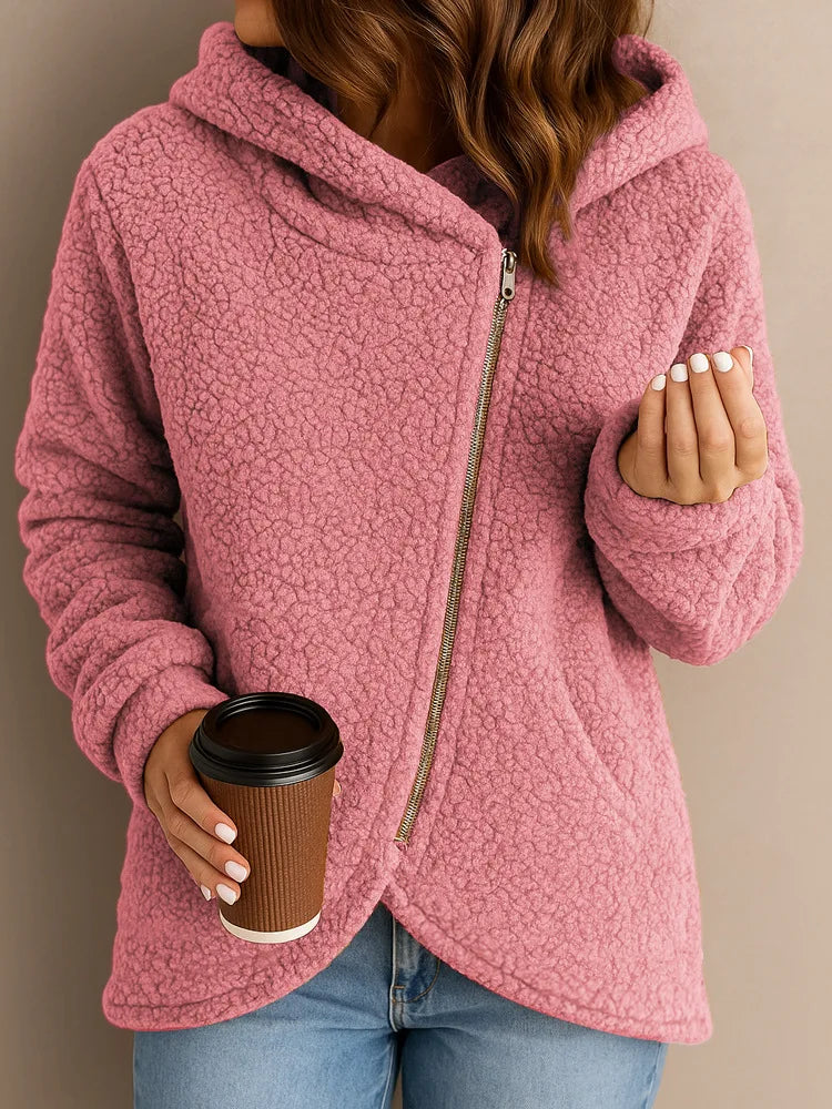 2025 Sudadera gruesa con forro polar para mujer, cárdigan con capucha y cremallera superior, chaqueta de lana de cordero de nuevo estilo a la moda para invierno