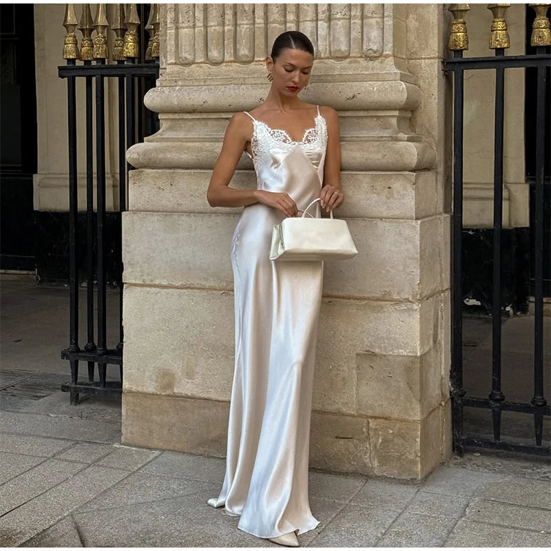 Vestido largo elegante de encaje con retazos para mujer, vestido Sexy con cuello en V sin mangas y espalda descubierta de satén, vestido largo ajustado, vestidos de fiesta de noche para mujer 2025