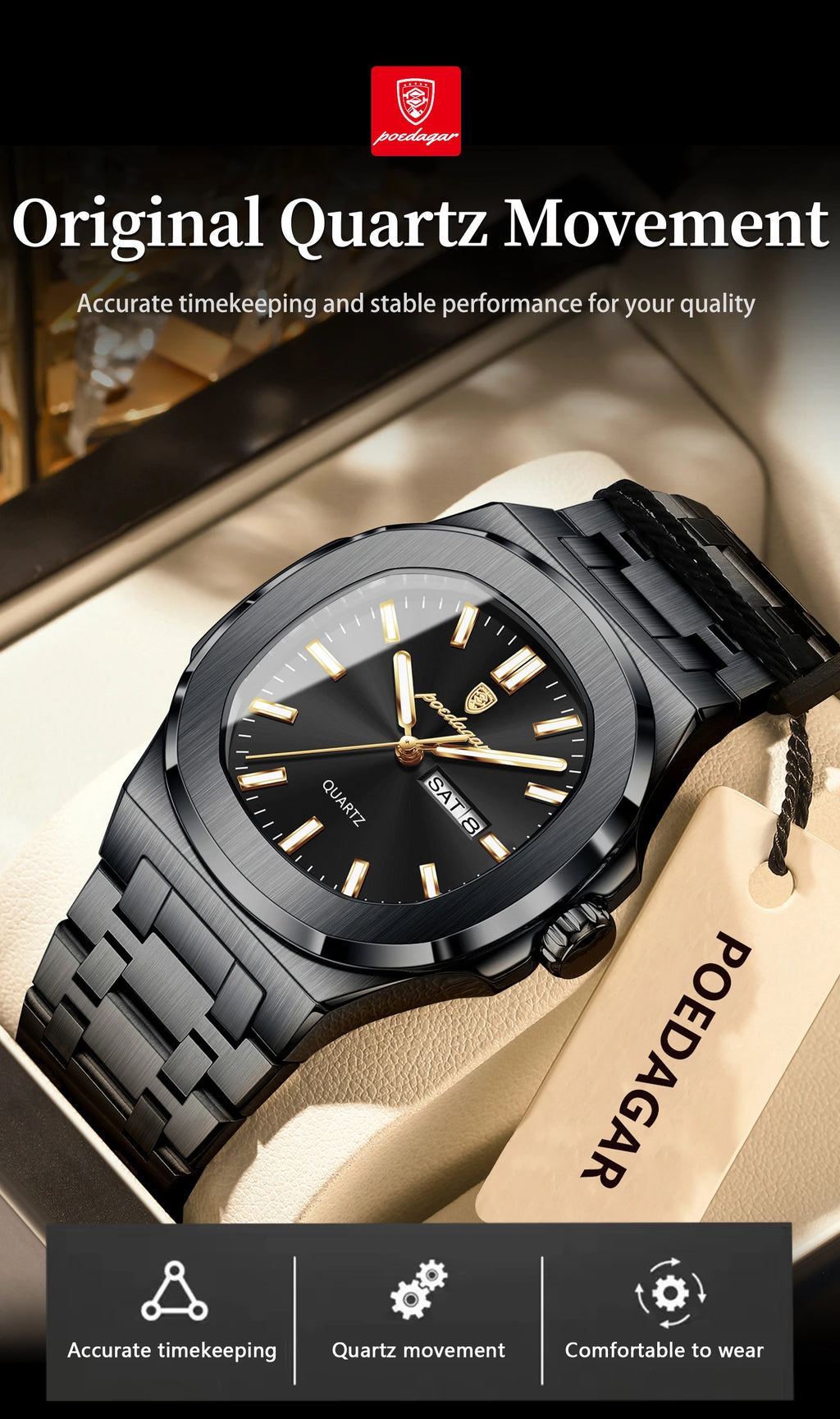 POEDAGAR, relojes cuadrados de lujo para hombre, Reloj luminoso resistente al agua con fecha y semana para hombre, Reloj de pulsera de cuarzo a la moda de acero inoxidable para hombre