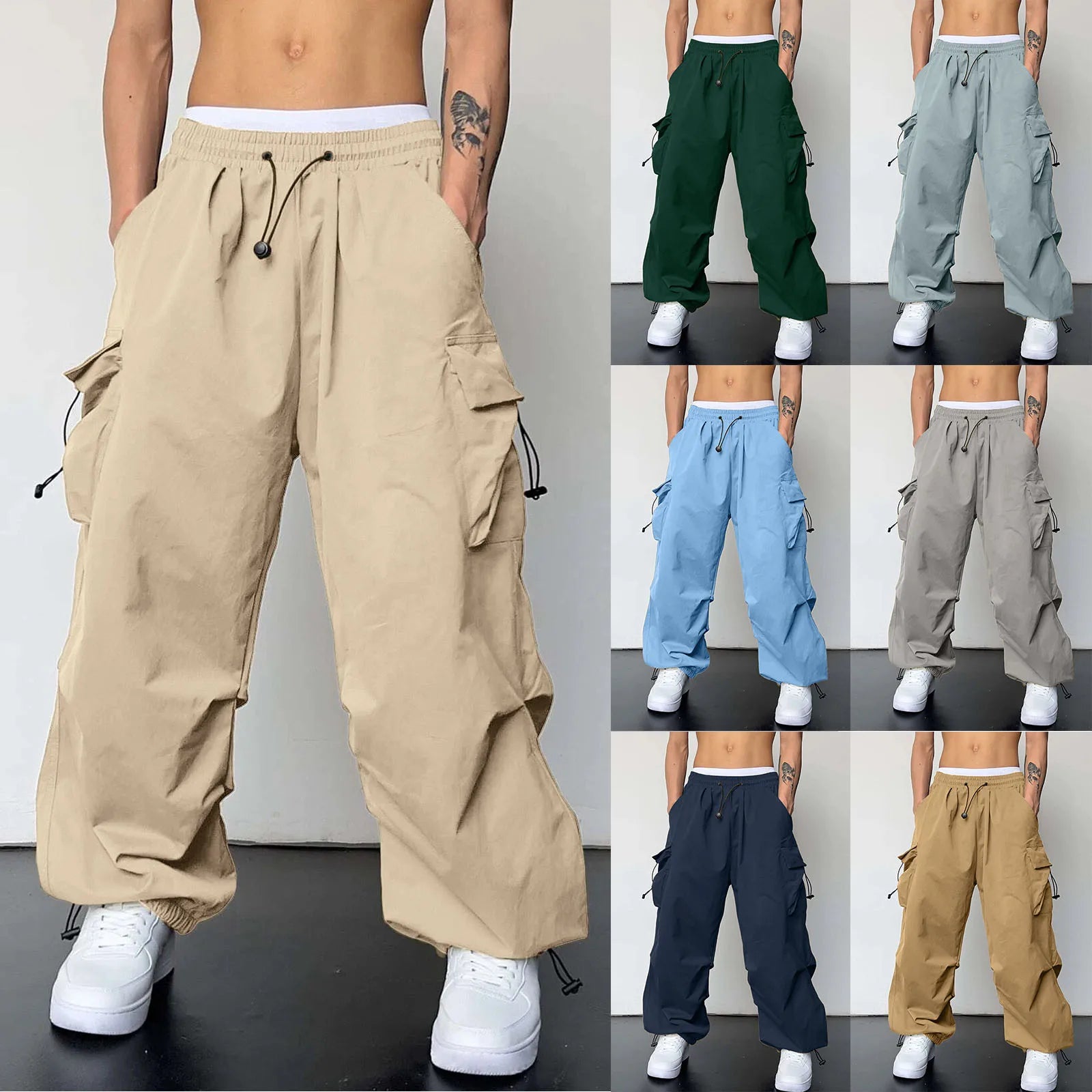 Pantalones Cargo deportivos informales para Hombre, ropa de calle con bolsillo tejido y cuerda para el pie, Pantalones sólidos, Pantalones holgados con múltiples bolsillos para Hombre