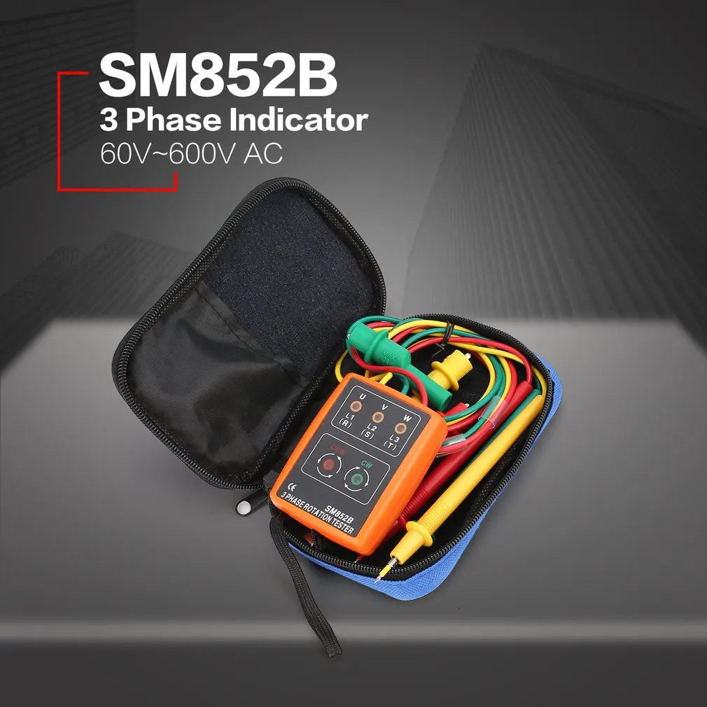 Probador de rotación de 3 fases SM852B, Detector de indicador de fase Digital, herramientas de prueba de voltaje de medidor de secuencia de fase de zumbador LED