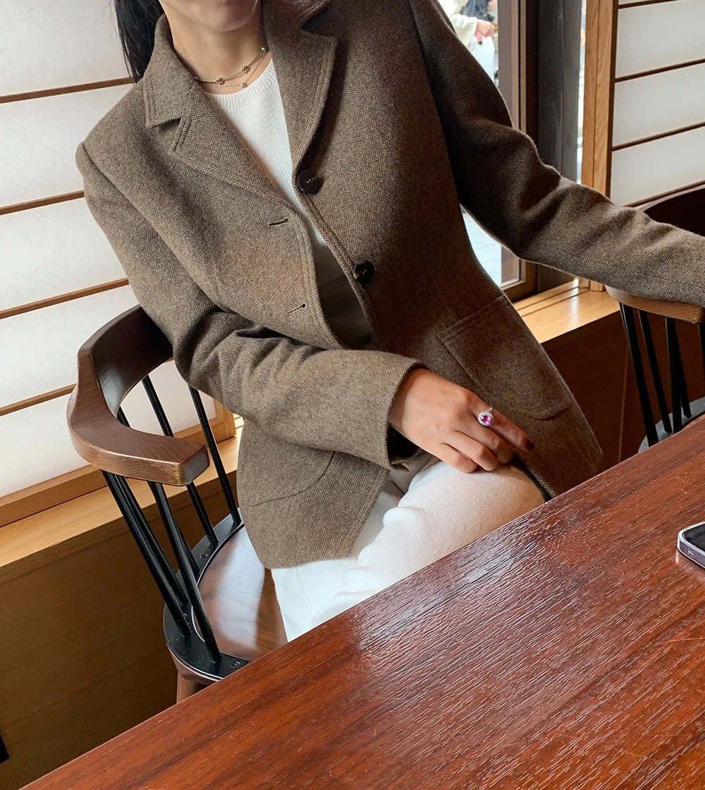 Chaqueta de traje de lana elegante coreano para mujer Otoño e Invierno Slim Fit marrón viajero abrigo de lana de gama alta Blazers ropa de mujer