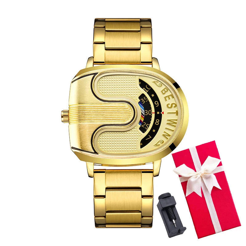 Relojes dorados de lujo para hombre, diseño único, banda de acero inoxidable, Dropship dorado, reloj masculino de alta calidad