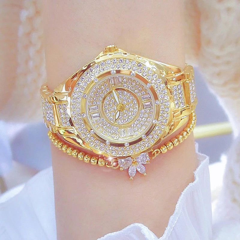 2025 relojes de diamantes de cristal para mujer, reloj elegante Original de oro para mujer con conjunto de pulsera, regalo de oro rosa para novia y esposa