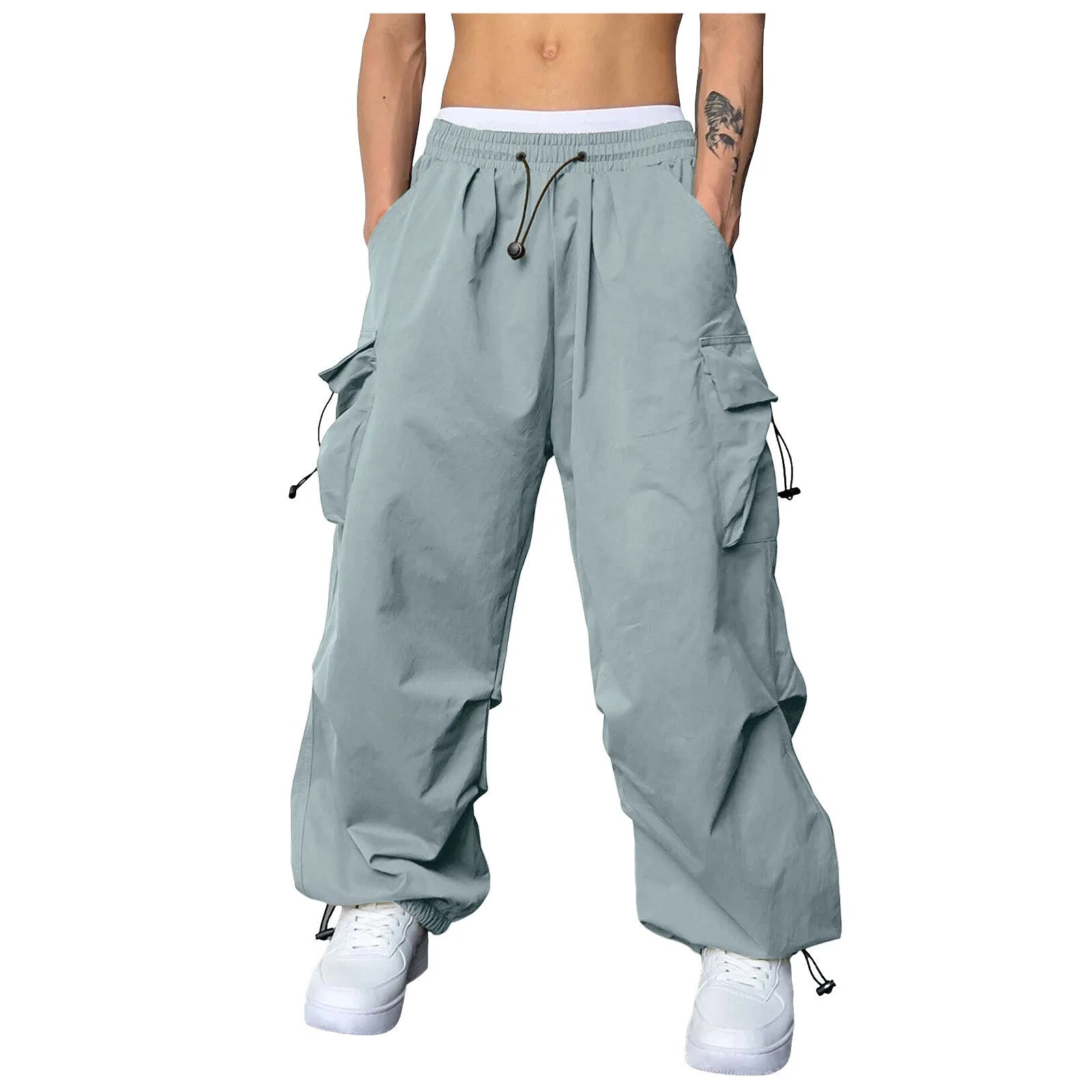 Pantalones Cargo deportivos informales para Hombre, ropa de calle con bolsillo tejido y cuerda para el pie, Pantalones sólidos, Pantalones holgados con múltiples bolsillos para Hombre