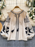 Blusa de Otoño para Mujer, Estilo Bohemio, Cuello en V, Bordada, Estilo Coreano, Manga Larga, Holgada, con Diseño de Borlas, Top Étnico BL338