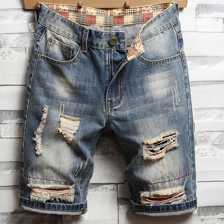 Vintage Hole Men Jeans Shorts Distressed Denim Knee Length Pockets Cuffed Patchwork Skinny Washed Ripped Punk Style Mid Waist 2024