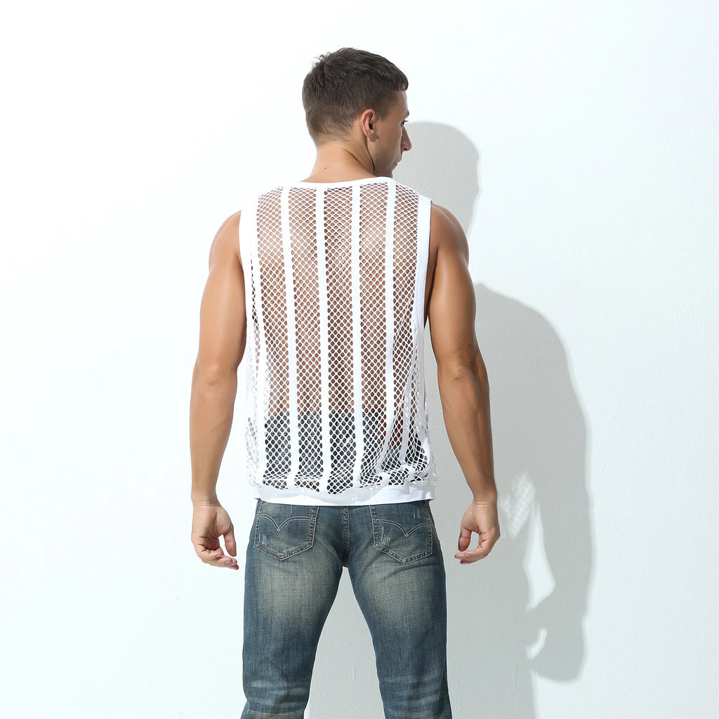 Camisetas sin mangas para hombre, camiseta interior sin mangas, chaleco hueco transparente de malla Sexy, camiseta de rejilla, camiseta musculosa