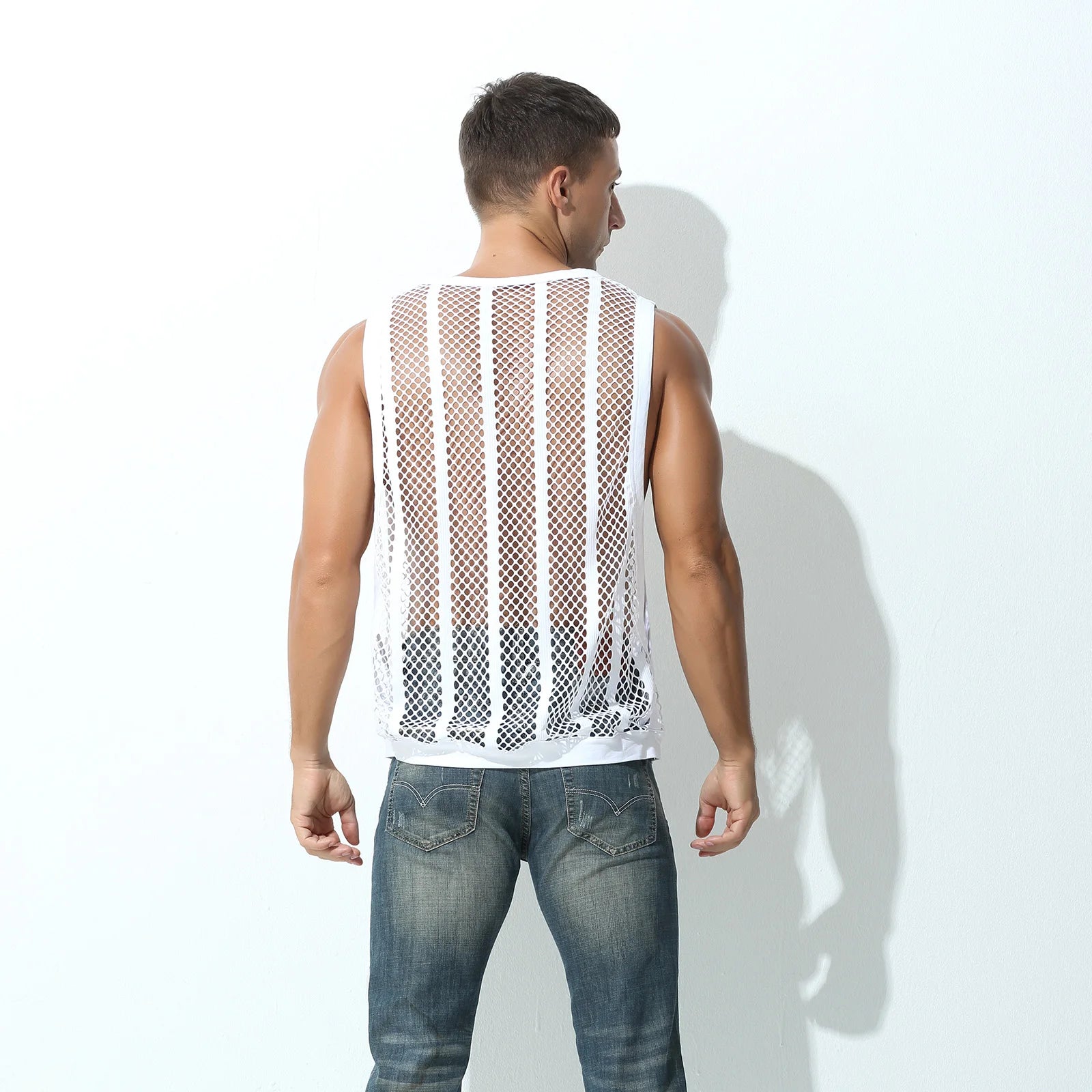 Camisetas sin mangas para hombre, camiseta interior sin mangas, chaleco hueco transparente de malla Sexy, camiseta de rejilla, camiseta musculosa