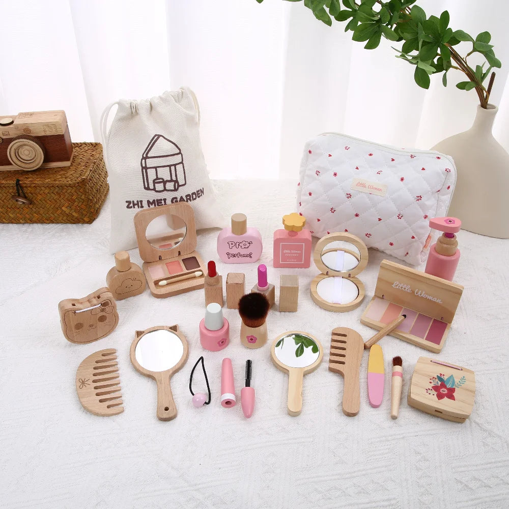 Juguete de Maquillaje de Imitación para Niñas, Set de Maquillaje de Madera para Jugar a Disfrazarse, Regalo con Bolsa de Maquillaje