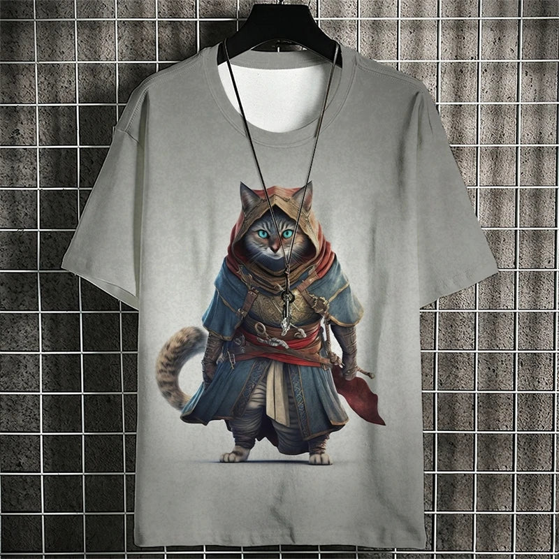 Camisetas con estampado de gato guerrero a la moda para hombre, camisetas con estampado de gato 3D y cuello redondo para verano, ropa informal de moda, camisetas Harajuku