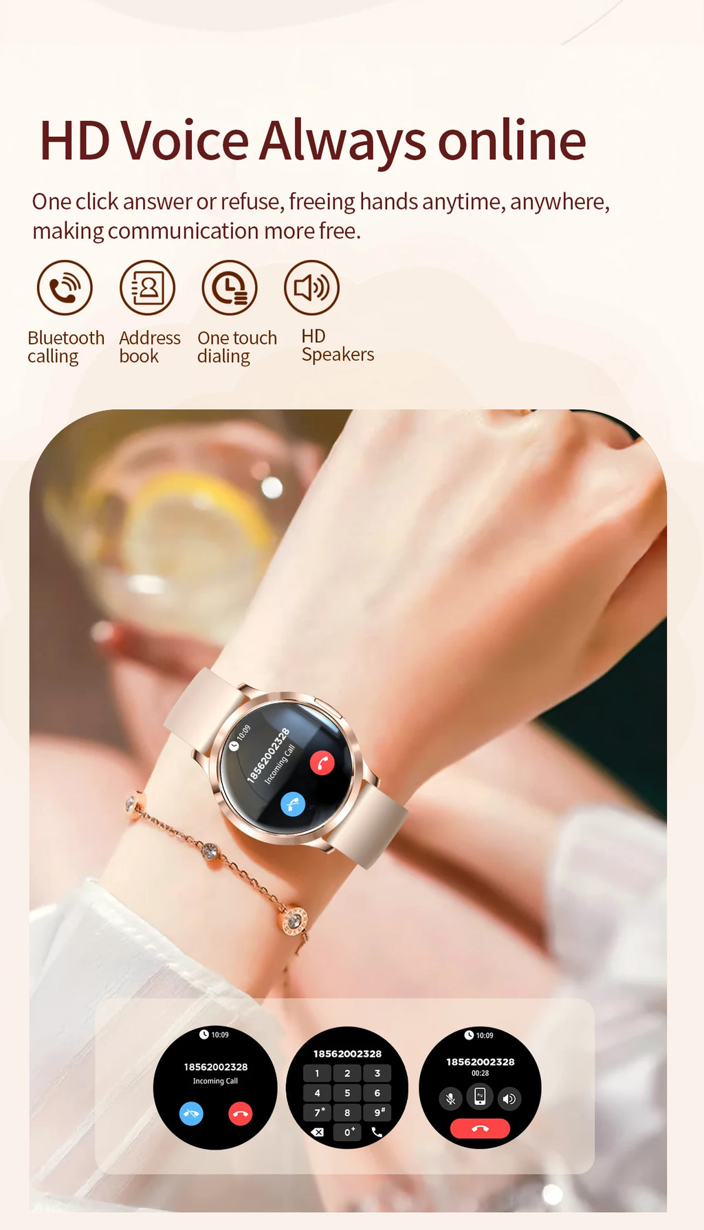Nuevo reloj inteligente para mujer 1,32 "AMOLED pantalla completamente táctil Bluetooth llamada presión arterial IP68 impermeable NFC 7,3mm pulsera ultrafina