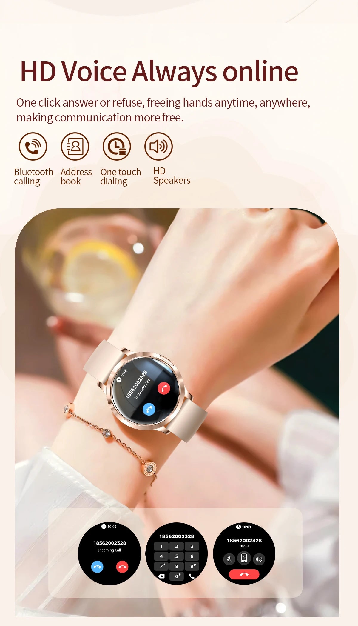 Nuevo reloj inteligente para mujer 1,32 "AMOLED pantalla completamente táctil Bluetooth llamada presión arterial IP68 impermeable NFC 7,3mm pulsera ultrafina