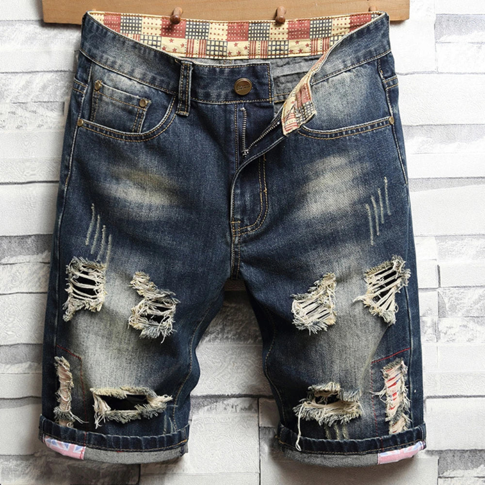 Vintage Hole Men Jeans Shorts Distressed Denim Knee Length Pockets Cuffed Patchwork Skinny Washed Ripped Punk Style Mid Waist 2024