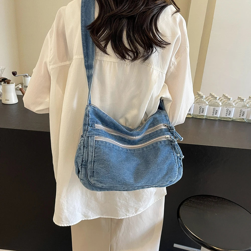 Bolso cruzado de mezclilla para mujer, bolso de hombro de gran capacidad, correa ajustable, bolso Vintage, bolsos de mensajero informales con múltiples bolsillos