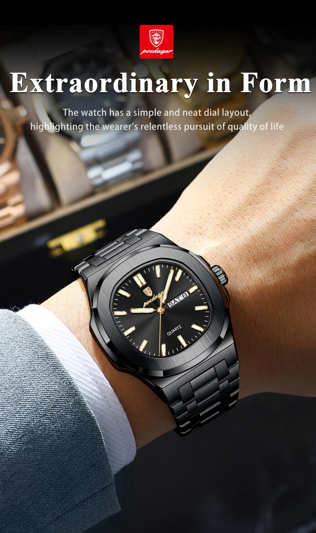 POEDAGAR, relojes cuadrados de lujo para hombre, Reloj luminoso resistente al agua con fecha y semana para hombre, Reloj de pulsera de cuarzo a la moda de acero inoxidable para hombre