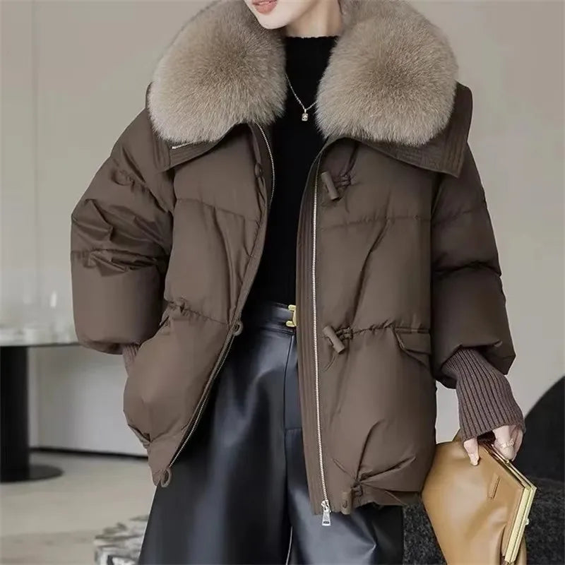 Parka de invierno para mujer, abrigo informal versión coreana, prendas de vestir exteriores para mujer, temperamento grueso, cuello de piel grande, Chaqueta de algodón para mujer 2025