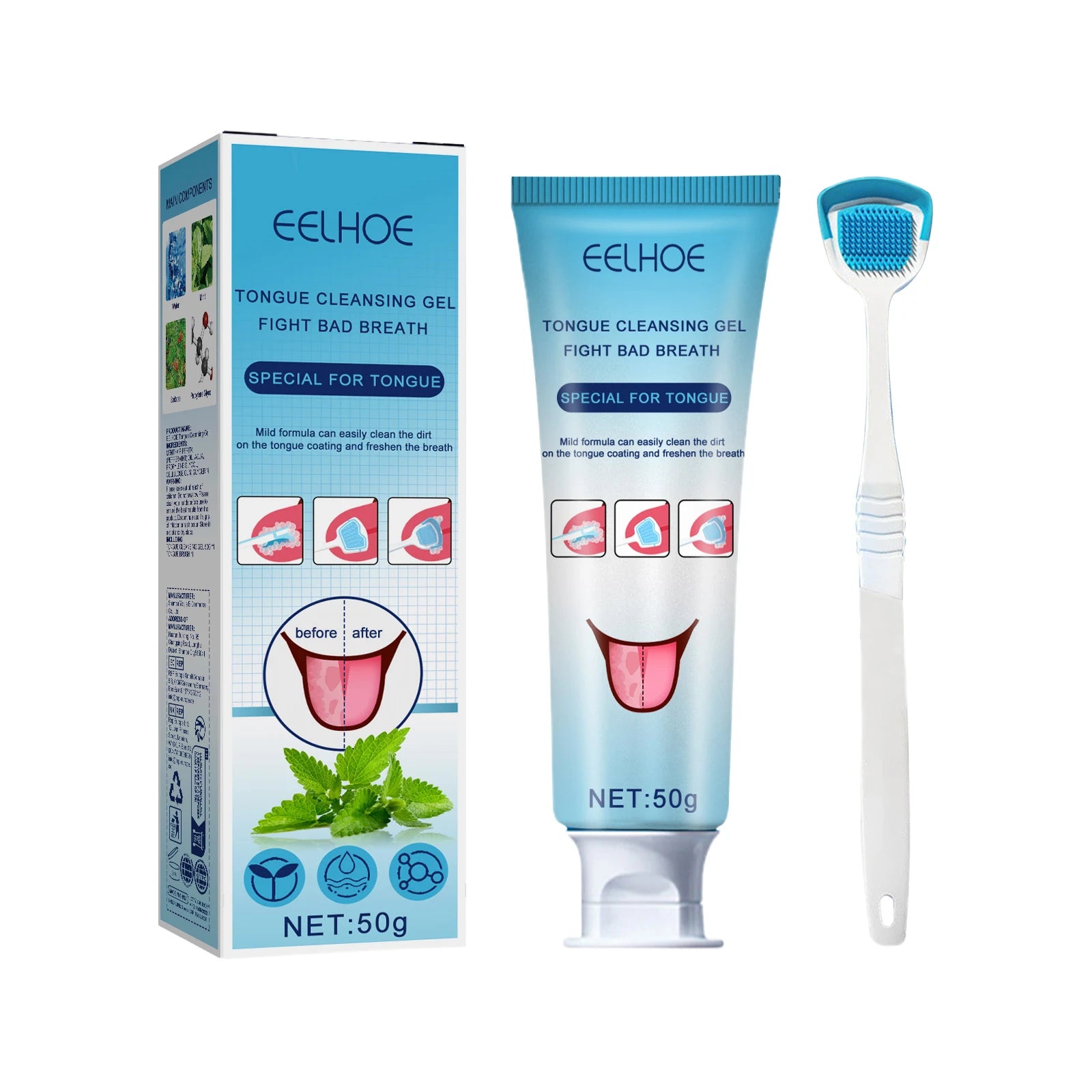 Gel Limpiador de Lengua EELHOE con Cepillo – Menta y Pera, Higiene Bucal Profunda