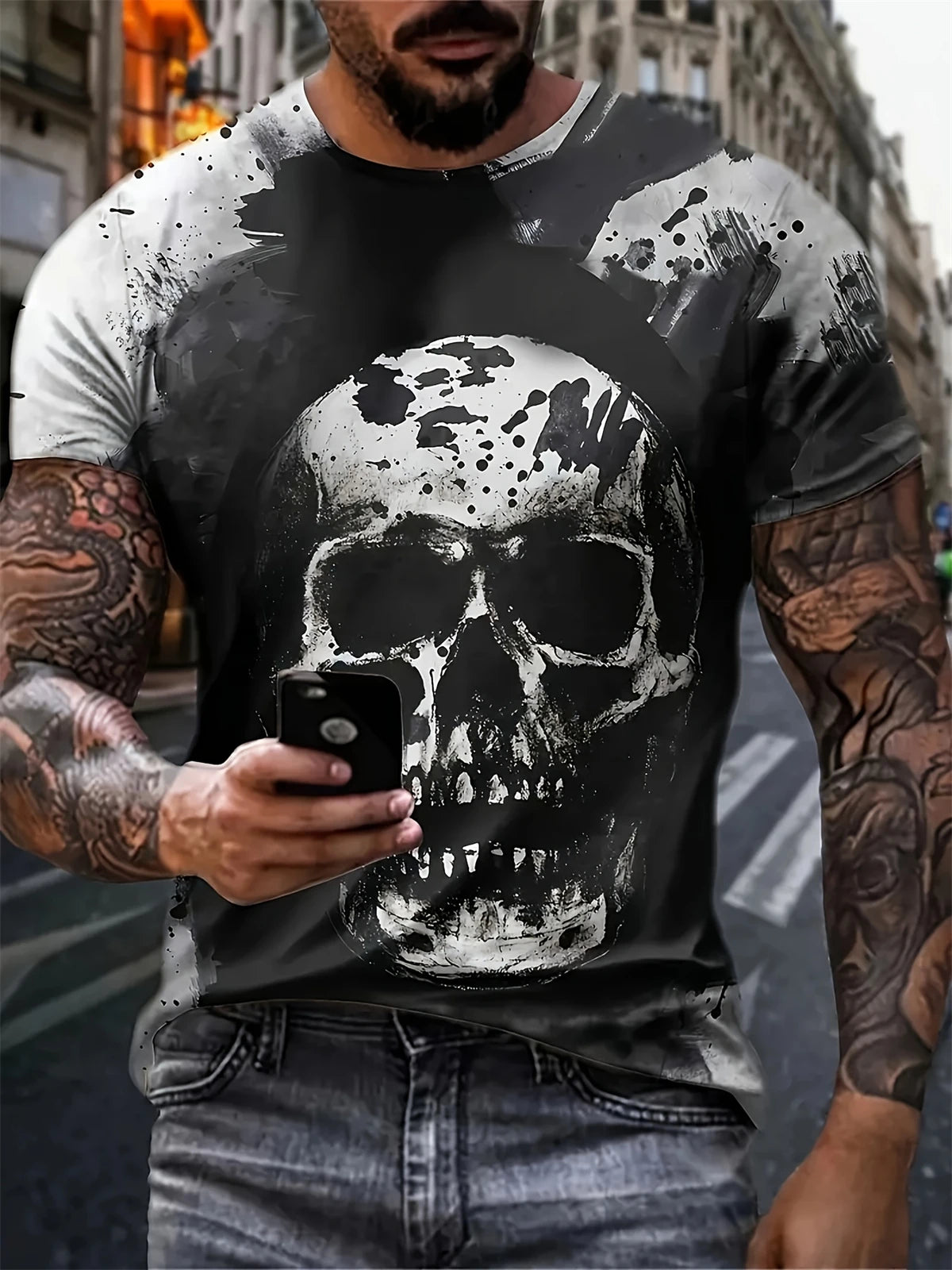 Camiseta de manga corta con estampado 3D de cabeza de calavera para hombre, camiseta de cuello redondo de estilo Punk, ropa de gran tamaño para exteriores de verano, novedad