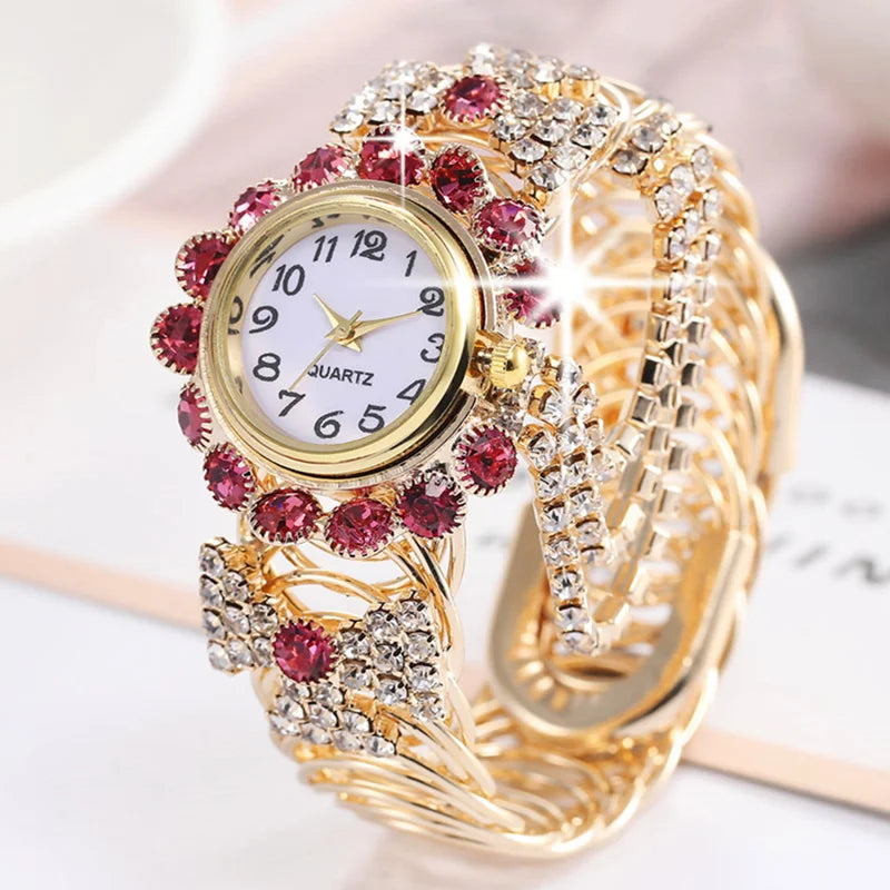 Reloj de pulsera brillante para mujer, elegante Reloj de pulsera de acero inoxidable de oro rosa de lujo, Reloj de pulsera con diamantes de imitación para mujer, Reloj saati
