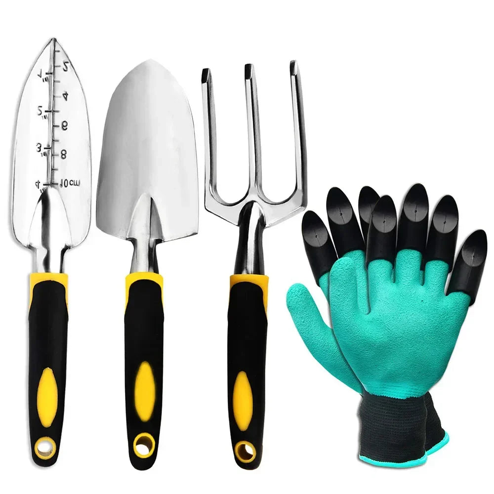 Juego de Herramientas de jardín con paleta, rastrillo de mano cultivador, paleta de trasplante, guantes de jardinería para deshierbe, aflojamiento del suelo, paquete de 4