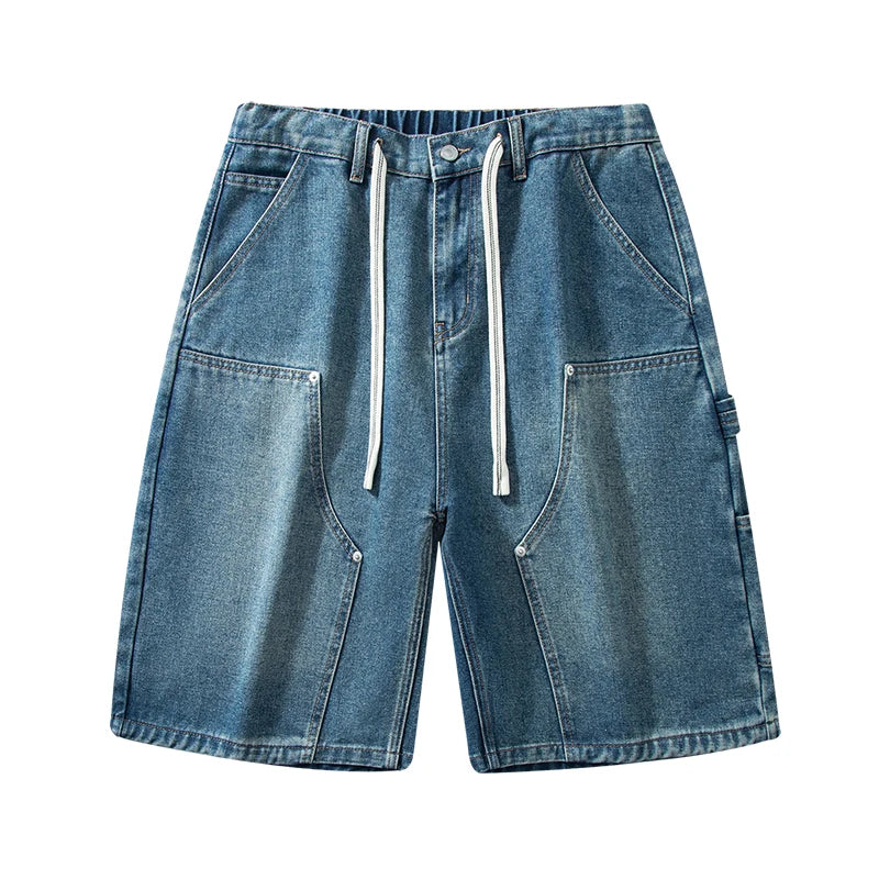 Streetwear Fashion Men's Denim Shorts Summer Loose Vintage Harajuku Spliced Hip-hop Cargo Moto Short Jeans Black Blue