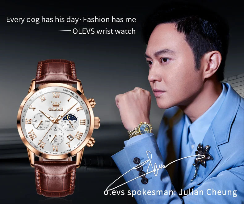 OLEVS-reloj de cuarzo deportivo para hombre, cronógrafo de lujo, resistente al agua, con correa de cuero, fase lunar, Masculino