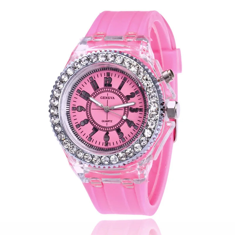 Relojes luminosos con destellos de luz LED para mujeres, hombres, niños y niñas, reloj de pulsera de silicona, reloj de diamantes de imitación a la moda, reloj para niños, reloj Saati