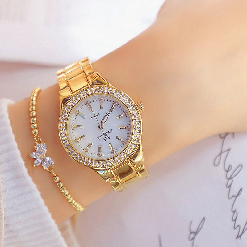 Relojes de pulsera de acero inoxidable para mujer, reloj dorado con diamantes de cristal, plateado