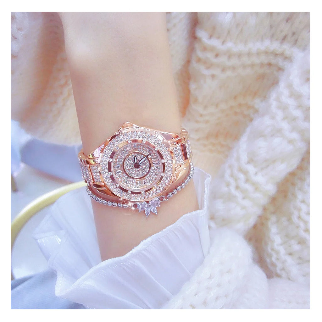 2025 relojes de diamantes de cristal para mujer, reloj elegante Original de oro para mujer con conjunto de pulsera, regalo de oro rosa para novia y esposa