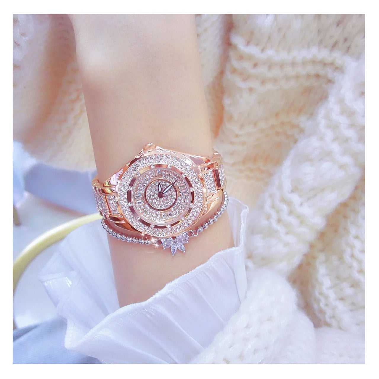 2025 relojes de diamantes de cristal para mujer, reloj elegante Original de oro para mujer con conjunto de pulsera, regalo de oro rosa para novia y esposa