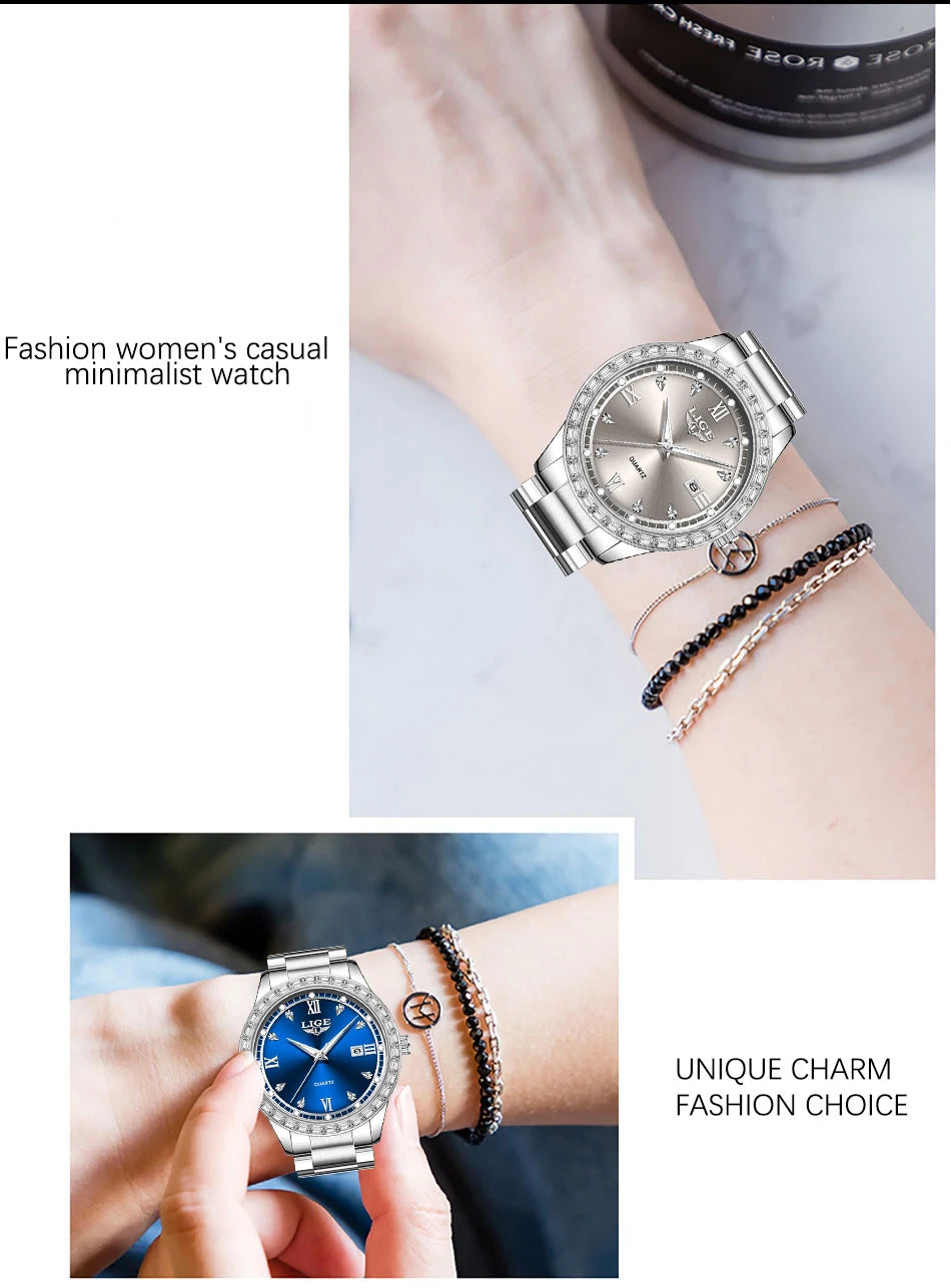 Reloj LIGE elegante para mujer, reloj resistente al agua a la moda, reloj luminoso de cuarzo de negocios de acero inoxidable para mujer, reloj de mujer + caja