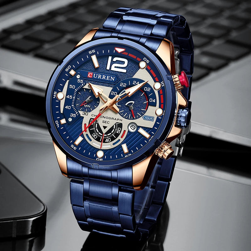 Nuevos relojes CURREN verdes para hombre, relojes de cuarzo de acero inoxidable de lujo de primeras marcas, reloj deportivo con fecha para hombre, reloj de pulsera resistente al agua