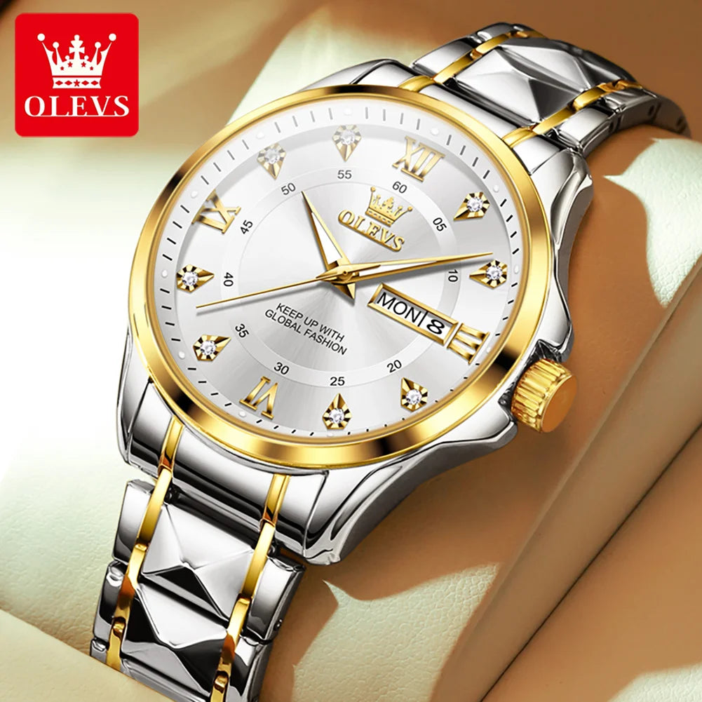 OLEVS, reloj de cuarzo Original superior para parejas, reloj de lujo con esfera de diamante a escala romana para hombres y mujeres, reloj de mano resistente al agua con correa de rombos