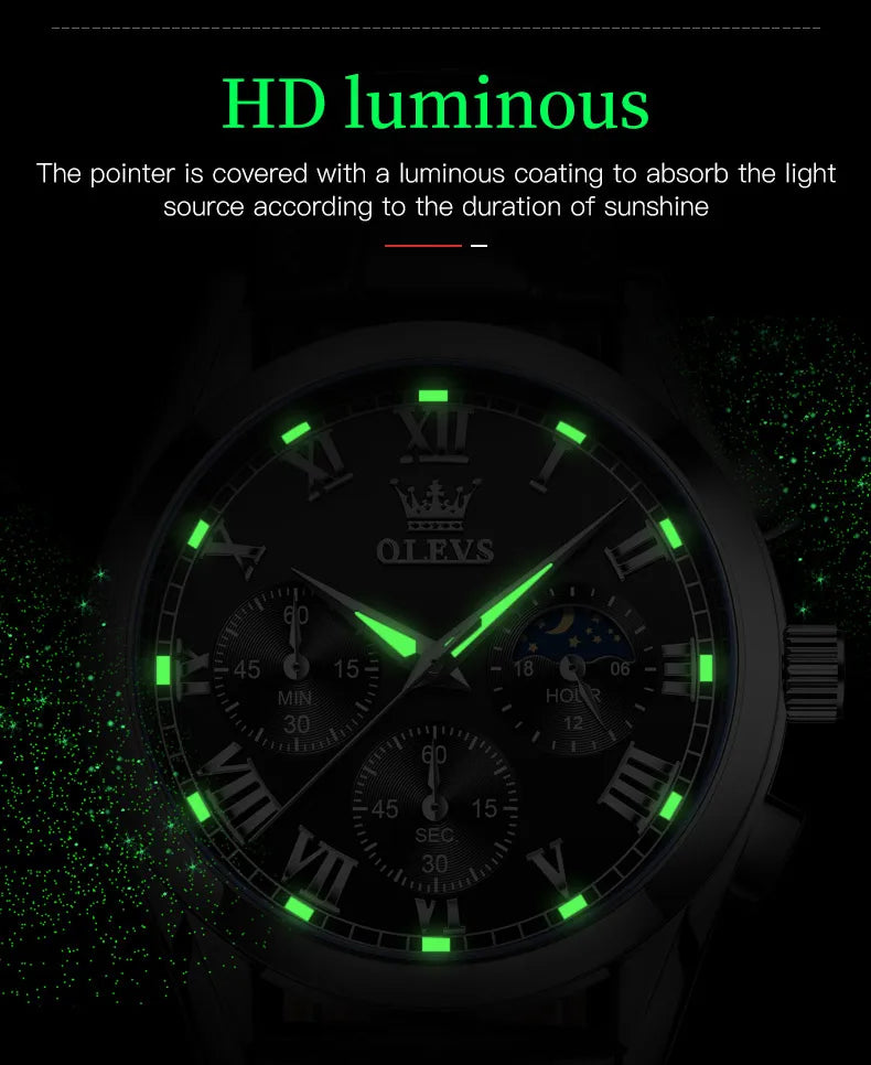 OLEVS 2871 reloj de cuarzo para hombre de la mejor marca, reloj de negocios noctilucente resistente al agua de lujo, correa de cuero, reloj de fase lunar, reloj Masculino