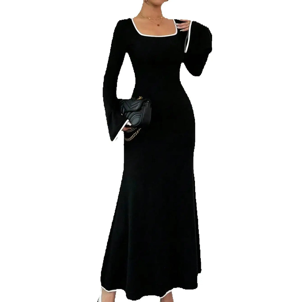 Vestido Elegante con Cuello Cuadrado y Bloques de Color, Estilo Delgado y Femenino, Vestido Casual de Moda para Mujer