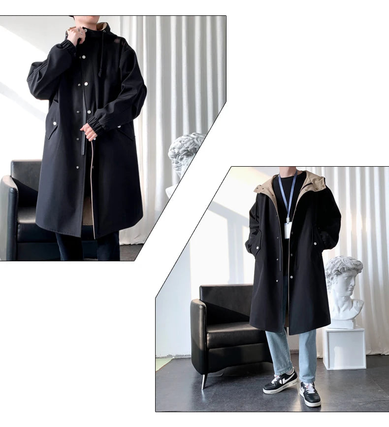Gabardina para hombre, gabardina con capucha a la moda, otoño, longitud media, cortavientos holgado de un solo pecho, abrigo informal falso de dos piezas