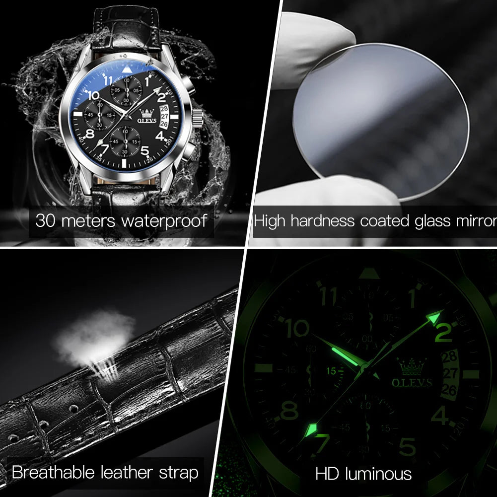 OLEVS reloj de cuarzo para hombre, correa de cuero Original, indicador de fecha, resistente al agua, luminoso, informal, de negocios, reloj de cuarzo para hombre, marca superior