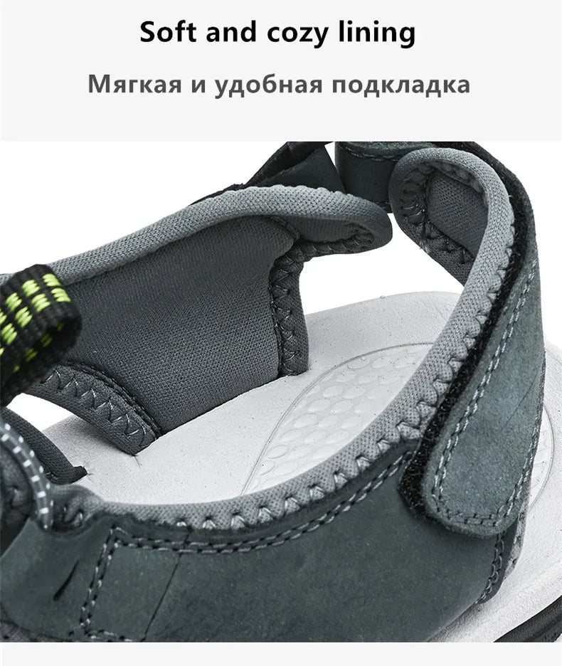 Sandalias de piel auténtica para hombre, zapatos informales transpirables de diseño a la moda, fondo suave, talla grande, para playa y exteriores, novedad de verano