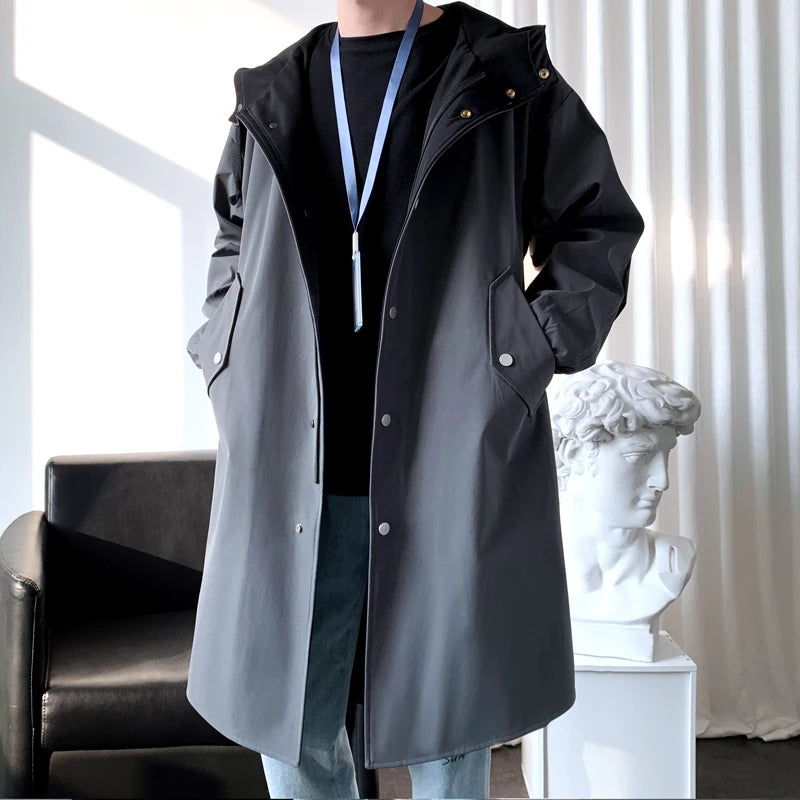 Gabardina para hombre, gabardina con capucha a la moda, otoño, longitud media, cortavientos holgado de un solo pecho, abrigo informal falso de dos piezas