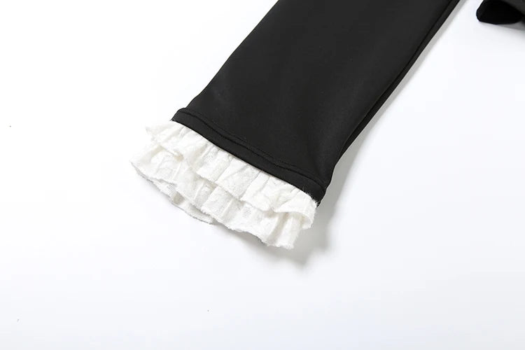 SiSterlinda-Conjunto de 2 piezas de retazos para mujer, Tops cortos con cremallera y cuello en V y manga acampanada + Mini pantalones cortos de encaje, trajes Hipster elegantes de estilo de oficina